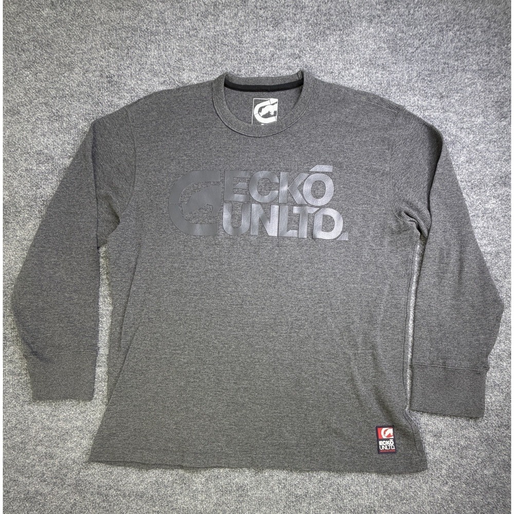 Ecko Unltd T Shirt Men 2XLarge Gray Thermal Big Spellout Logo Hip Hop Casual Y2K